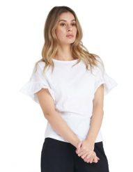 Błyszcząca damska koszulka z krótkim rękawem i falbaną. Białe bluzki sportowe damskie LEONE 1947 APPAREL, l, bez wzorów, z bawełny, bez kołnierzyka. Za 84.16 zł.