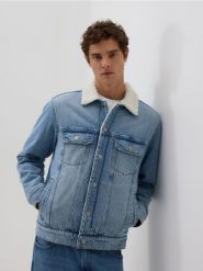 Jeansowa kurtka sherpa - niebieski. Niebieskie kurtki męskie Reserved, l, bez wzorów, z denimu, bez kaptura. Za 239.99 zł.