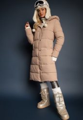 Beżowa Pikowana Długa Kurtka Płaszcz z Kapturem i Napami Tisima. Brązowe kurtki damskie Renee, l, bez wzorów, z jeansu, eleganckie. Za 239.99 zł.