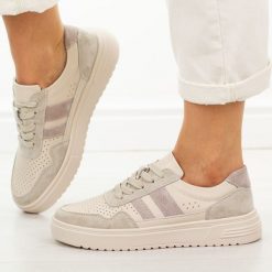 Beżowe skórzane półbuty damskie Cambell 40343. Brązowe półbuty damskie Cambell, bez wzorów, z dresówki, casualowe, z okrągłym noskiem, bez obcasa. W wyprzedaży za 192.72 zł.