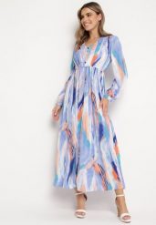 Niebieska Sukienka Maxi z Gumką w Pasie w Abstrakcyjny Wzór Taniera. Niebieskie sukienki damskie Born2be, l, bez wzorów, bez kołnierzyka, bez ramiączek, maxi. Za 169.99 zł.