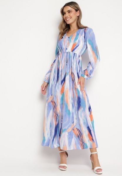 Niebieska Sukienka Maxi z Gumką w Pasie w Abstrakcyjny Wzór Taniera. Niebieskie sukienki damskie Born2be, l, bez wzorów, bez kołnierzyka, bez ramiączek, maxi. Za 169.99 zł.