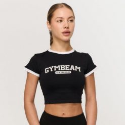 Koszulka damska fitness slim czarna Varsity. Czarne topy sportowe damskie GYMBEAM, xl, bez wzorów, z elastanu, bez ramiączek. Za 88.90 zł.