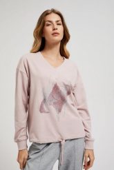 Bluza z nadrukiem i wiązaniem różowa. Czerwone bluzy bez kaptura damskie MOODO, m, z bawełny. W wyprzedaży za 49.98 zł.