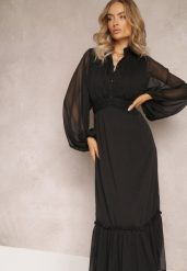 Czarna Rozkloszowana Sukienka Maxi ze Stójką i Falbanką Camillene. Czarne sukienki damskie Renee, s, bez wzorów, bez kołnierzyka, bez ramiączek, maxi, rozkloszowane. W wyprzedaży za 132.99 zł.
