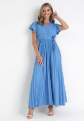 Niebieska Elegancka Sukienka Maxi w Plisy z Kopertowym Dekoltem i Wiązaniem Thessi. Niebieskie sukienki damskie Born2be, na lato, m, bez wzorów, eleganckie, bez kołnierzyka, bez ramiączek, maxi, kopertowe. W wyprzedaży za 67.99 zł.