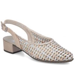 Sandały damskie metaliczne beżowe Rieker 47078-90. Brązowe sandały damskie Rieker, bez wzorów, ze skóry ekologicznej, bez obcasa. Za 319.00 zł.