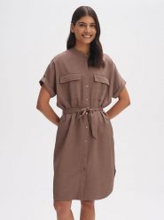 OPUS Sukienka w kolorze jasnobrązowym rozmiar: 42. Brązowe sukienki damskie Opus, na co dzień, bez wzorów, z tkaniny, bez kołnierzyka, bez ramiączek, midi, proste. Za 187.99 zł.