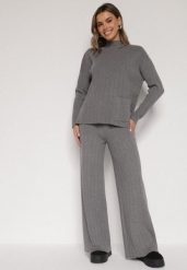Szary Sweterkowy Komplet Sweter z Półgolfem i Szerokie Spodnie Alatusa. Szare spodnie materiałowe damskie Born2be, bez wzorów, z dzianiny. Za 139.99 zł.