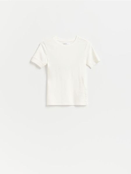 T-shirt z modalem - biały. Białe t-shirty damskie Reserved, l, bez wzorów, z bawełny, bez kołnierzyka. Za 49.99 zł.