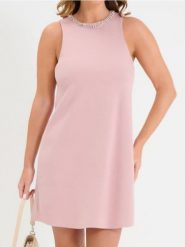 Sukienka mini z dekoracyjnym dekoltem - różowy. Czerwone sukienki damskie Sinsay, l, bez wzorów, bez kołnierzyka, bez ramiączek, mini. Za 49.99 zł.