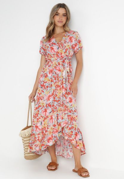 Czerwono-Niebieska Sukienka Varila. Czerwone sukienki damskie Born2be, na lato, l, bez wzorów, z materiału, z asymetrycznym kołnierzem, bez ramiączek, midi, asymetryczne. Za 99.99 zł.