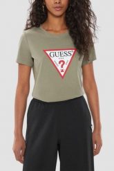 GUESS Zielony t-shirt damski Original Tee, Rozmiar XS. Zielone t-shirty damskie Guess, s, z aplikacjami, bez kołnierzyka. W wyprzedaży za 94.99 zł.