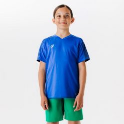 Koszulka piłkarska dla dzieci Kipsta Essential Club. Niebieskie koszulki dziewczęce KIPSTA, m, bez wzorów, z dresówki, bez ramiączek. Za 24.99 zł.