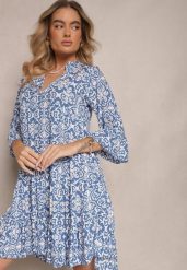 Niebieska Rozkloszowna Sukienka z Bawełny w Ornamentalny Wzór z Falbaną Lanariella. Niebieskie sukienki damskie Renee, l, bez wzorów, z bawełny, bez kołnierzyka, bez ramiączek, mini, rozkloszowane. W wyprzedaży za 41.99 zł.