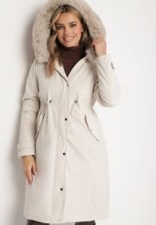 Jasnobeżowa Kurtka Parka Długa ze Ściągaczami i Futerkiem Odpinanym Delanira. Brązowe kurtki damskie Born2be, l, bez wzorów. Za 339.99 zł.
