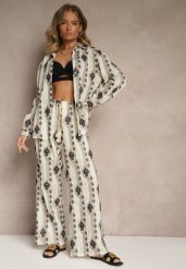 Beżowy Bawełniany Komplet z Haftowanymi Zdobieniami Koszula i Spodnie Nalavina. Brązowe koszule damskie Renee, z aplikacjami, z bawełny, eleganckie. Za 219.99 zł.