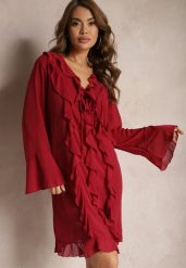 Bordowa Sukienka z Rozkloszowanymi Rękawami Wiązaniem Przy Dekolcie i Falbankami Honoris. Czerwone sukienki damskie Renee, na imprezę, xl, bez wzorów, eleganckie, bez kołnierzyka, bez ramiączek, rozkloszowane. W wyprzedaży za 51.99 zł.