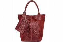Shopper bag bordowy skórzany croco L94. Czerwone shopper bag damskie z aplikacjami, z materiału, małe, zamszowe, bez dodatków. Za 230.99 zł.