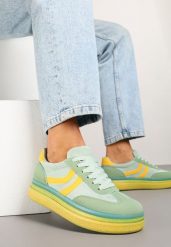 Zielono-Żółte Sneakersy Typu Kultowe Tenisówki na Niskiej Platformie Olritia. Zielone trampki i tenisówki damskie Renee, bez wzorów, z materiału. Za 79.99 zł.