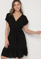 Czarna Wiskozowa Sukienka z Kopertowym Dekoltem i Paskiem Aurenelle. Czarne sukienki damskie Born2be, na co dzień, na lato, l, bez wzorów, z jeansu, eleganckie, bez kołnierzyka, bez ramiączek, midi, dopasowane. W wyprzedaży za 51.99 zł.