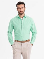 Bawełniana pastelowa koszula męska typu oxford – miętowa V4 OM-SHOS-0183 - XXL. Zielone koszule męskie Ombre Clothing, l, z aplikacjami, z bawełny, bez kołnierzyka, bez ramiączek. Za 107.99 zł.