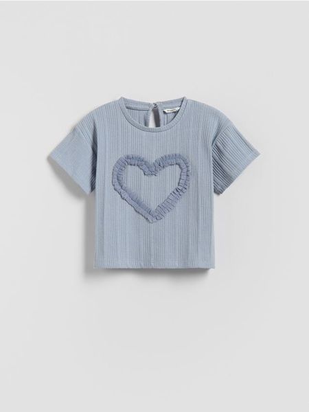 Bawełniany t-shirt z aplikacją - jasnoniebieski. Niebieskie koszulki dziewczęce Reserved, m, z aplikacjami, z bawełny, bez ramiączek. W wyprzedaży za 25.99 zł.
