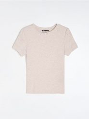 Jednolita koszulka z krótkim rękawem i domieszką modalu - beżowy. Brązowe t-shirty damskie Sinsay, l, bez wzorów, bez kołnierzyka. Za 19.99 zł.