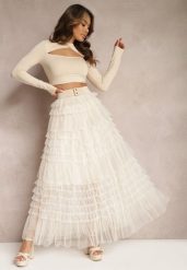 Beżowa Spódnica z Falbankami Rozkloszowana Maxi z Bawełny Alare. Brązowe spódniczki damskie Renee, bez wzorów, z bawełny, eleganckie, maxi, rozkloszowane. Za 79.99 zł.