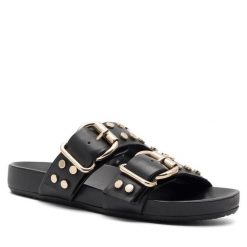 Klapki Badura. Czarne klapki damskie Badura, bez wzorów, bez obcasa. Za 359.99 zł.