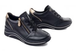 Rieker Remonte D0T03-03 black combination, półbuty damskie. Czarne półbuty damskie Rieker Remonte, bez wzorów, ze skóry, bez obcasa, na koturnie. Za 429.90 zł.