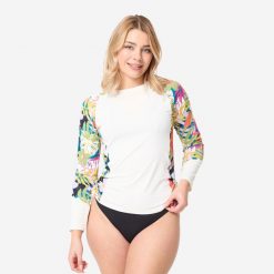 Top UV surfingowy damski Olaian Kanika długi rękaw. Białe topy damskie OLAIAN, s, bez wzorów, z materiału, bez kołnierzyka. Za 64.99 zł.