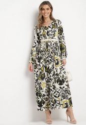 Zielona Satynowa Sukienka Maxi w Ornamentalny Wzór z Gumką w Talii Lainare. Zielone sukienki damskie Born2be, na co dzień, l, bez wzorów, z satyny, bez kołnierzyka, bez ramiączek, maxi, proste. W wyprzedaży za 143.99 zł.
