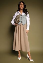 Beżowa Spódnica z Wiskozą o Rozkloszowanym Kroju Kenneira. Brązowe spódniczki damskie Renee, m, bez wzorów, z jedwabiu, eleganckie, maxi, koszulowe. Za 79.99 zł.