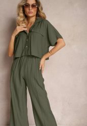 Ciemnozielony 2-Częściowy Komplet z Wiskozy Koszula o Luźnym Kroju Szerokie Spodnie Velvitela. Zielone koszule damskie Renee, bez wzorów, z materiału, eleganckie. Za 139.99 zł.