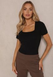 Czarna Bluzka z Modalem Wiskozą i Kwadratowym Dekoltem Sanelora. Czarne bluzki damskie Renee, m, bez wzorów, z jeansu, eleganckie, bez kołnierzyka, bez ramiączek. Za 69.99 zł.
