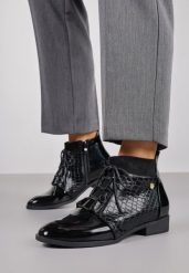 Czarne Eleganckie Botki Vices ze Sznurowaniem Vlerrie. Czarne botki damskie Renee, z jeansu, eleganckie, bez obcasa, na płaskiej podeszwie, bez zapięcia. Za 109.99 zł.