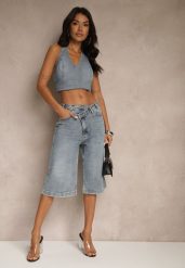 Niebieskie Asymetryczne Szorty Jeansowe Typu Bermudy Lilista. Niebieskie szorty damskie Renee, bez wzorów, z bawełny, eleganckie, z podwyższonym stanem. Za 89.99 zł.