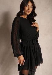 Czarna Sukienka Dimplesky. Czarne sukienki damskie Renee, m, bez wzorów, z tkaniny, bez kołnierzyka, bez ramiączek, mini, rozkloszowane. W wyprzedaży za 90.99 zł.