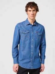 WRANGLER LS WESTERN SHIRT MĘSKA KOSZULA ELEGANCKA BARREL BLUE 112350488 W556015512. Niebieskie koszule męskie Wrangler, l, bez wzorów, bez kołnierzyka, bez ramiączek. Za 169.99 zł.