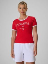 4F Koszulka kibica damska - czerwona M. Czerwone bluzki sportowe damskie 4f, m, z bawełny, bez kołnierzyka, bez ramiączek. Za 59.99 zł.