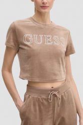 GUESS Brązowy top damski Couture Tee. Brązowe topy damskie Guess, s, z aplikacjami, bez kołnierzyka. W wyprzedaży za 109.99 zł.