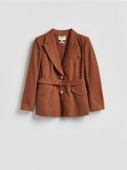 Marynarka z paskiem w talii - brązowy. Brązowe marynarki i żakiety damskie Reserved, l, bez wzorów, z tkaniny. Za 329.99 zł.