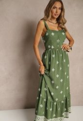 Zielona Sukienka z Wiskozą o Rozkloszowanym Kroju na Ramiączkach w Boho Print Leaella. Zielone sukienki damskie Renee, na co dzień, m, bez wzorów, z wiskozy, boho, bez kołnierzyka, bez ramiączek, midi, rozkloszowane. Za 109.99 zł.