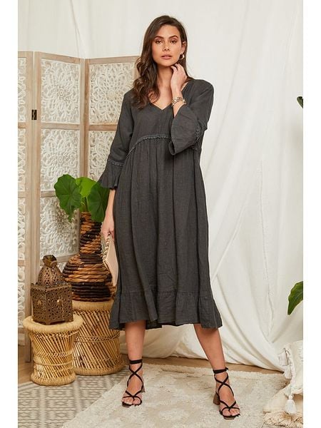 Lin Passion Lniana sukienka w kolorze antracytowym rozmiar: 36/38. Czarne sukienki damskie Lin Passion, bez wzorów, ze lnu, klasyczne, bez kołnierzyka, bez ramiączek, midi. Za 162.87 zł.