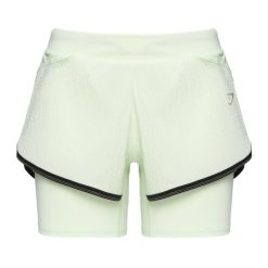 Spodenki treningowe damskie Gymshark Speed. Zielone spodenki sportowe damskie Gymshark, bez wzorów, sportowe. Za 109.99 zł.