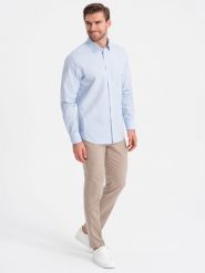 Bawełniana klasyczna koszula REGULAR - błękitna V1 OM-SHOS-0154 - XXL. Niebieskie koszule męskie Ombre Clothing, l, bez wzorów, z bawełny, bez kołnierzyka, bez ramiączek. W wyprzedaży za 79.99 zł.