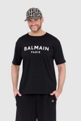 BALMAIN Czarny t-shirt męski z drukowanym białym logo, Rozmiar S. Czarne t-shirty męskie Balmain, l, bez wzorów, bez kołnierzyka. W wyprzedaży za 950.99 zł.