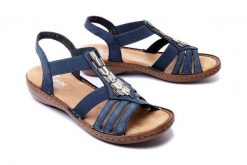 RIEKER 60800-14 blue, sandały damskie. Niebieskie sandały damskie Rieker, bez wzorów, bez obcasa, na koturnie. Za 254.92 zł.