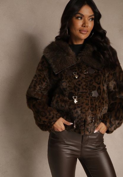 Brązowa Krótka Kurtka Futerko w Panterkę z Oryginalnym Zapięciem Otizana. Brązowe kurtki damskie Renee, l, bez wzorów, z futra, bez kaptura. Za 219.99 zł.